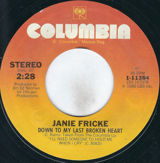 Janie Fricke : Down To My Last Broken Heart (7", Single, Styrene, Ter)