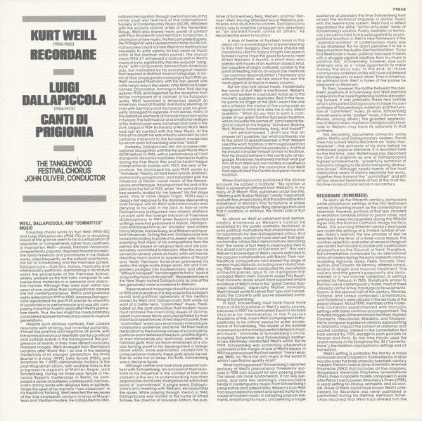 Kurt Weill / Luigi Dallapiccola, The Tanglewood Festival Chorus*, John Oliver (3) : Recordare / Canti Di Prigionia (LP)