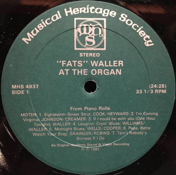 Fats Waller : "Fats" Waller At The Organ (LP, RE)