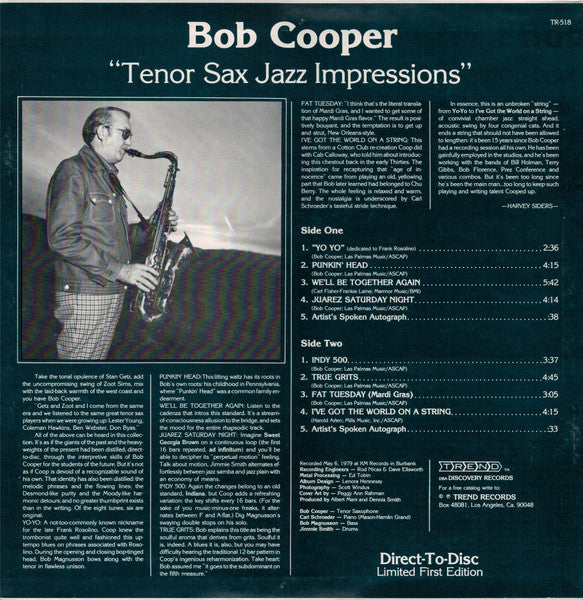 Bob Cooper : Tenor Sax Jazz Impressions (LP, Album, Ltd, Dir)