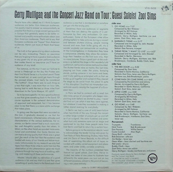 Gerry Mulligan And The Concert Jazz Band* Guest Soloist: Zoot Sims : Gerry Mulligan And The Concert Jazz Band On Tour (LP, Album)