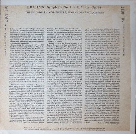 Brahms*, Eugene Ormandy, The Philadelphia Orchestra : Symphony No. 4 In E Minor, Op. 98 (LP)