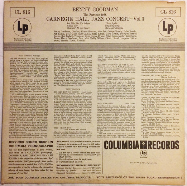 Benny Goodman : The Famous 1938 Carnegie Hall Jazz Concert Vol.3 (LP, Mono, RE, Ter)