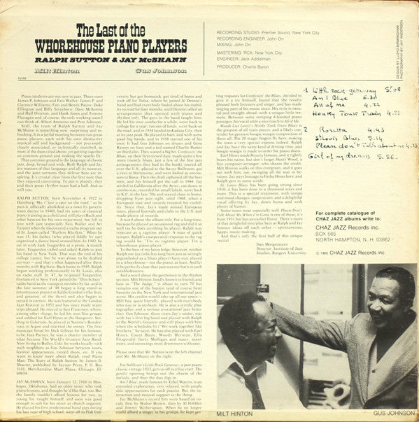 Ralph Sutton (2) & Jay McShann : The Last Of The Whorehouse Piano Players (Two Pianos Vol. 1) (LP, Album)