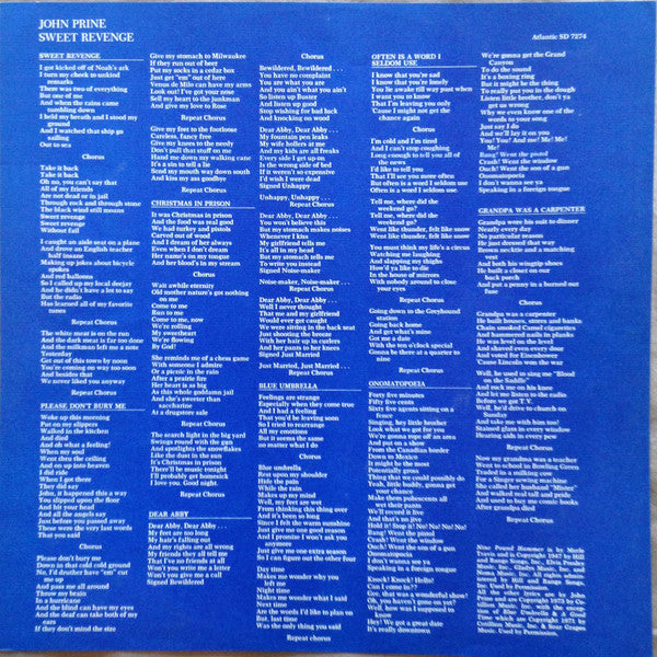 John Prine : Sweet Revenge (LP, Album, RP, RI)