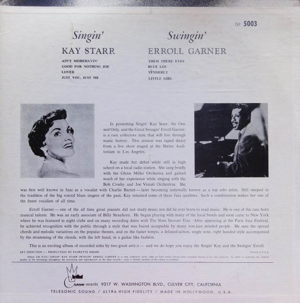 Kay Starr / Erroll Garner : Singin' Swingin' (LP, Album, Mono)