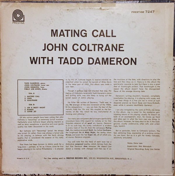John Coltrane With Tadd Dameron : Mating Call (LP, Album, Mono, RE)
