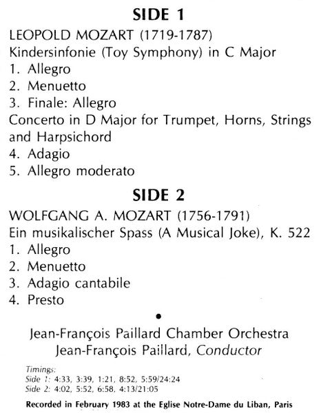 Leopold Mozart, Wolfgang Amadeus Mozart, Orchestre De Chambre Jean-François Paillard, Jean-François Paillard : Toy Symphony in C Major/Concerto in D Major/ A Musical Joke, K. 522 (LP, RE)