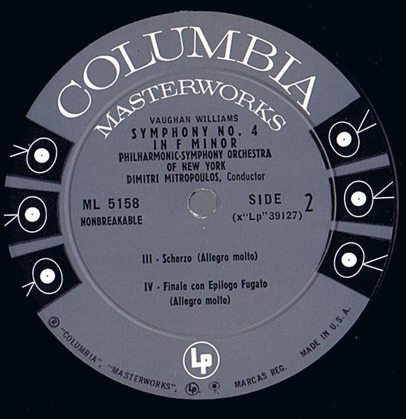 Vaughan Williams*, Philharmonic-Symphony Orchestra Of New York, Dimitri Mitropoulos : Symphony No. 4 In F Minor (LP, Album, Mono)