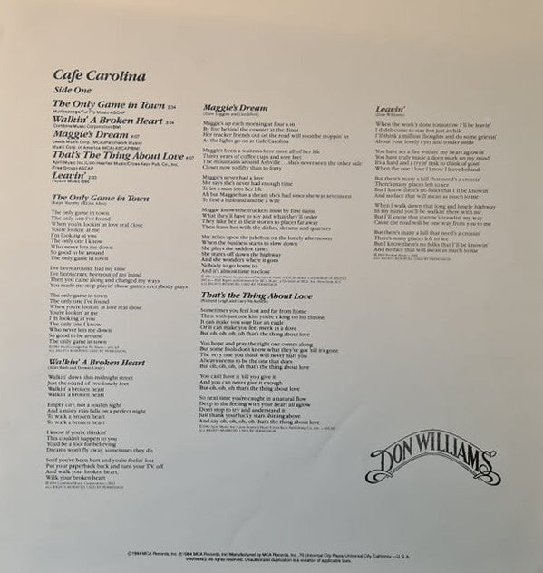 Don Williams (2) : Cafe Carolina (LP, Album, Pin)