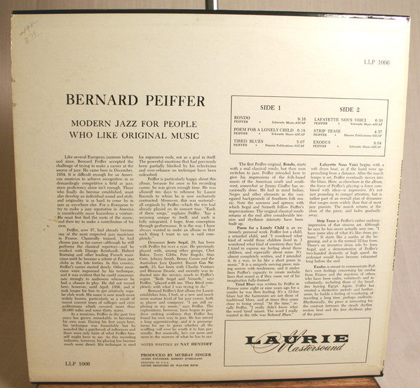 Bernard Peiffer : Modern Jazz For People Who Like Original Music (LP, Album)