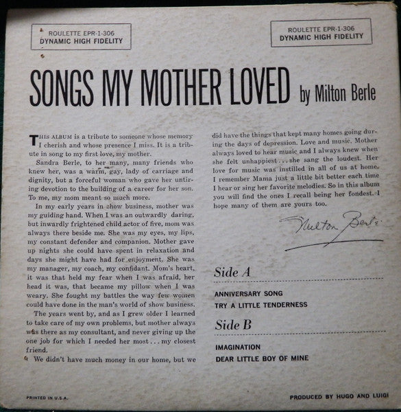 Milton Berle : Songs My Mother Loved (7", EP)