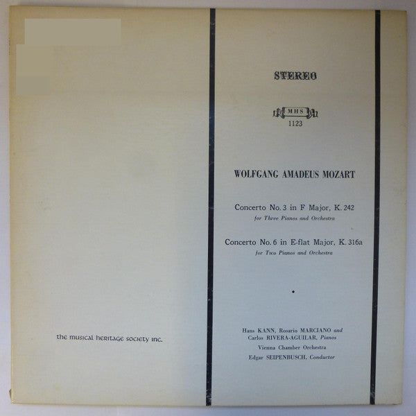 Wolfgang Amadeus Mozart - Hans Kann, Rosario Marciano, Carlos Rivera-Aguilar, Vienna Chamber Orchestra*, Edgar Seipenbusch : Concerto No. 3 In F Major, K. 242 / Concerto No. 6 In E-Flat Major, K. 316a (LP)