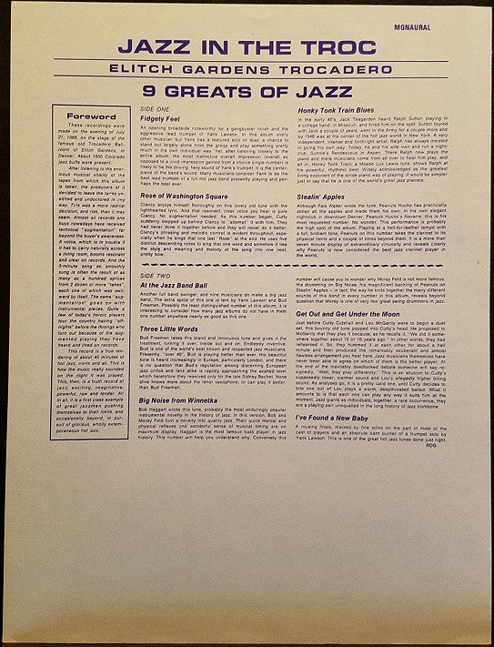 Ralph Sutton (2), Clancy Hayes, Bud Freeman, Bob Haggart, Peanuts Hucko, Yank Lawson, Morey Feld, Cutty Cutshall, Lou McGarity : Jazz At The Troc! (LP, Album, Mono)