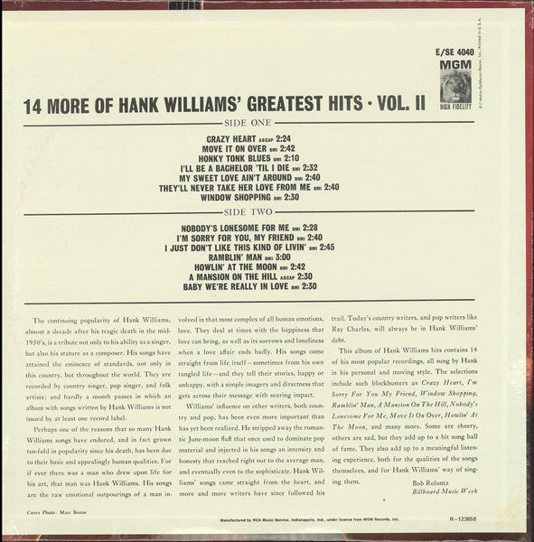 Hank Williams : 14 More Of Hank Williams' Greatest Hits Vol. II (LP, Comp, Club)