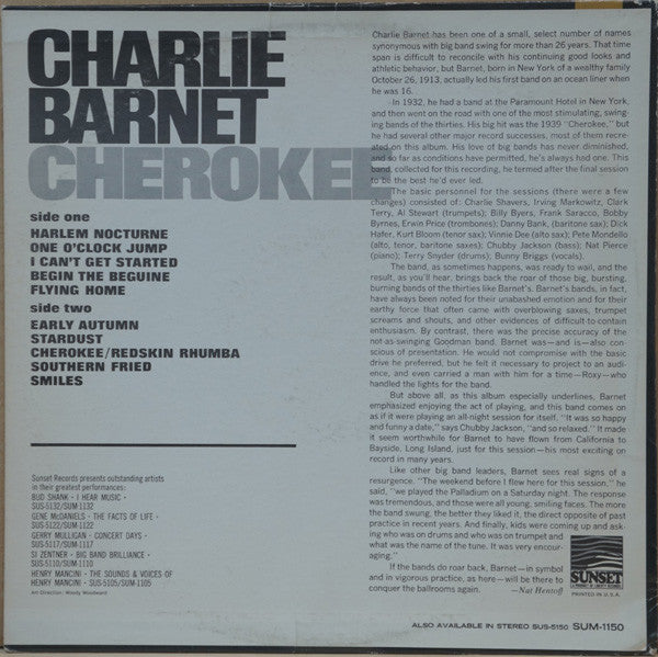 Charlie Barnet : Cherokee (LP, Album, Mono)