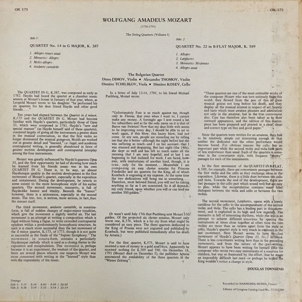 Wolfgang Amadeus Mozart, The Bulgarian Quartet*, Dimo Dimov (2), Alexandre Thomov, Dimitre Kosev, Dimitre Tchilikov : The String Quartets: Volume I (LP, Album)