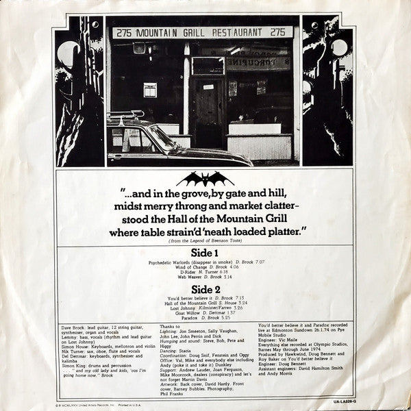 Hawkwind : Hall Of The Mountain Grill (LP, Album, Ter)