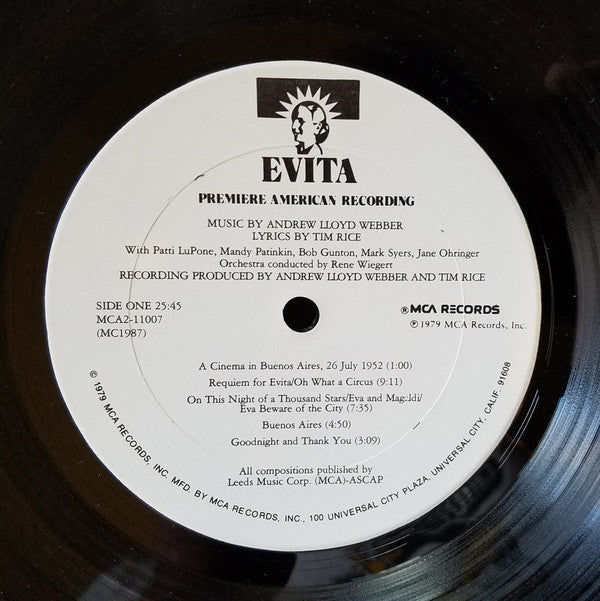 Andrew Lloyd Webber And Tim Rice : Evita: Premiere American Recording (2xLP, Album, San)