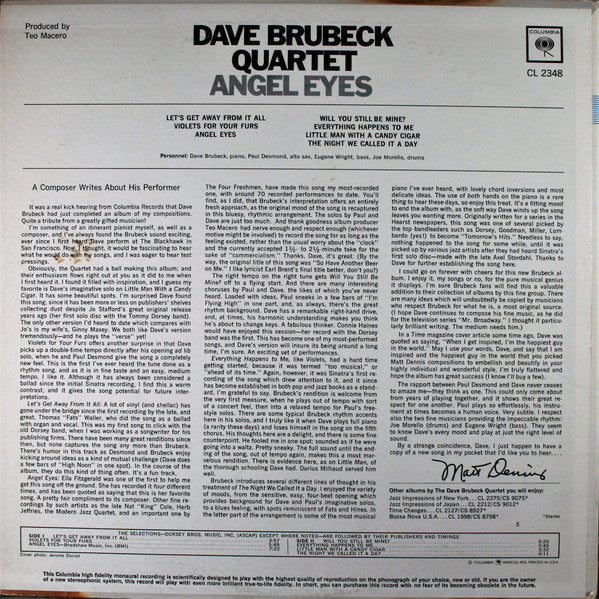 The Dave Brubeck Quartet : Angel Eyes (LP, Album, Mono)