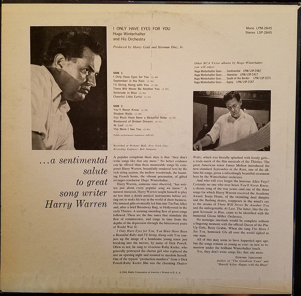 Hugo Winterhalter Orchestra : I Only Have Eyes For You (LP)
