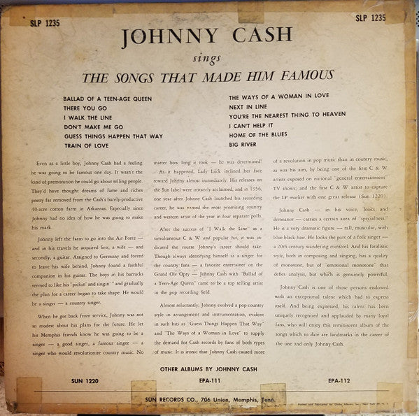 Johnny Cash : Sings The Songs That Made Him Famous (LP, Album, Mono)