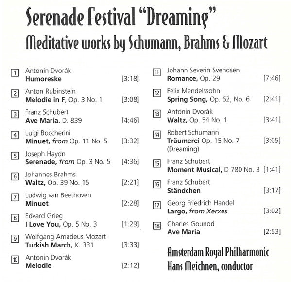 Amsterdam Royal Philharmonic, Hans Meichnen : Serenade Festival "Dreaming" (Meditative Works By Schumann, Brahms & Mozart) (CD)