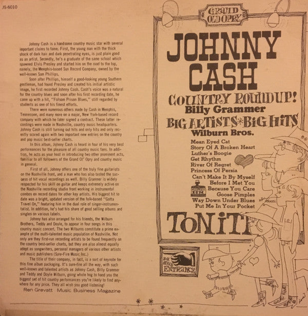 Johnny Cash : Johnny Cash’s Country Round Up With The Wilburn Bros. And Billy Grammer (LP, Comp)
