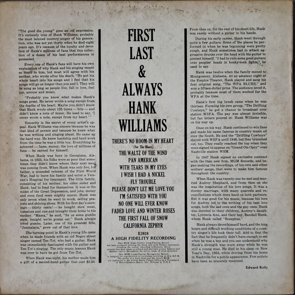 Hank Williams : First, Last And Always (LP, Comp, Mono, RE)