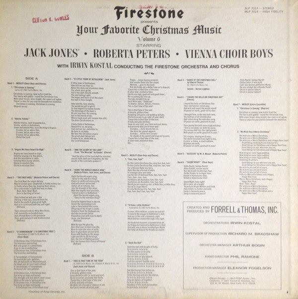 Jack Jones • Roberta Peters • Vienna Choir Boys* With Irwin Kostal Conducting The Firestone Orchestra And Chorus : Firestone Presents Your Favorite Christmas Music Volume 6 (LP, Mono)