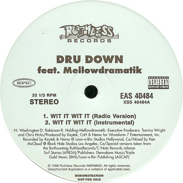 Dru Down Featuring Mellowdramatik : Wit It Wit It (12", Promo)