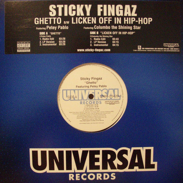 Sticky Fingaz Feat. Petey Pablo & Columbo The Shining Star : Ghetto / Licken Off In Hip-Hop (12", Promo)