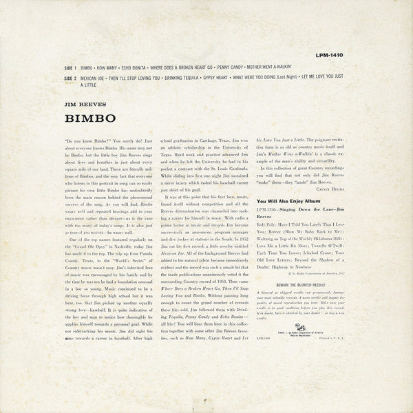 Jim Reeves : Bimbo (LP, Album, Comp, Mono, Ind)