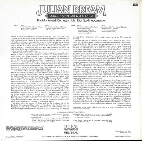 Vivaldi* / Handel* / Kohaut*, Julian Bream, The Monteverdi Orchestra, John Eliot Gardiner : Concertos For Lute & Orchestra (LP)