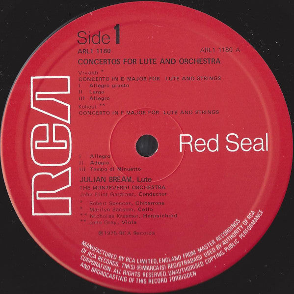 Vivaldi* / Handel* / Kohaut*, Julian Bream, The Monteverdi Orchestra, John Eliot Gardiner : Concertos For Lute & Orchestra (LP)