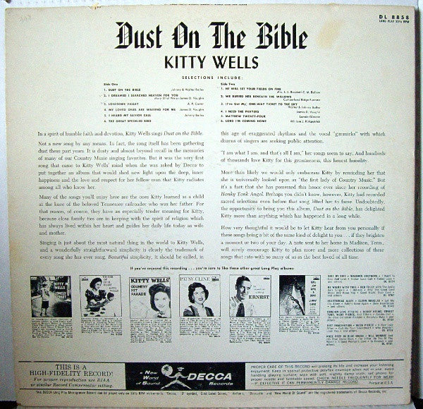 Kitty Wells : Dust On The Bible (LP, Album, Mono)