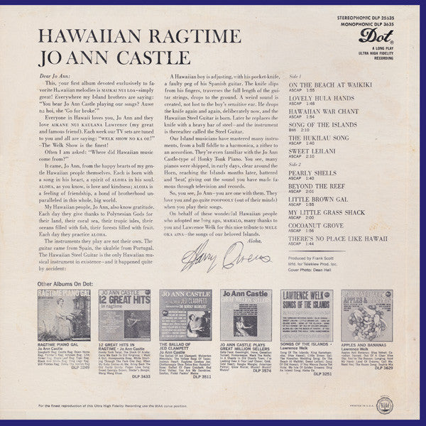 Jo Ann Castle : Hawaiian Ragtime (LP, Album, Mono)