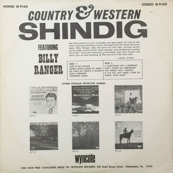 Billy Ranger : Country & Western Shindig (LP, Album, Mono)