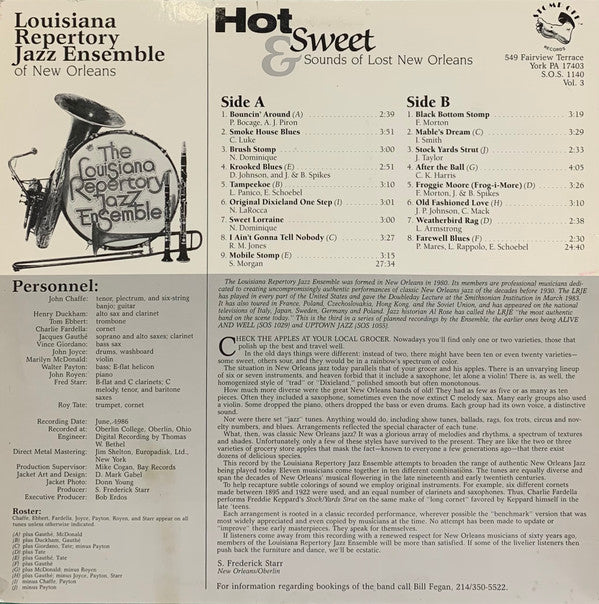 Louisiana Repertory Jazz Ensemble Of New Orleans* : Hot & Sweet Sounds Of Lost New Orleans (LP)