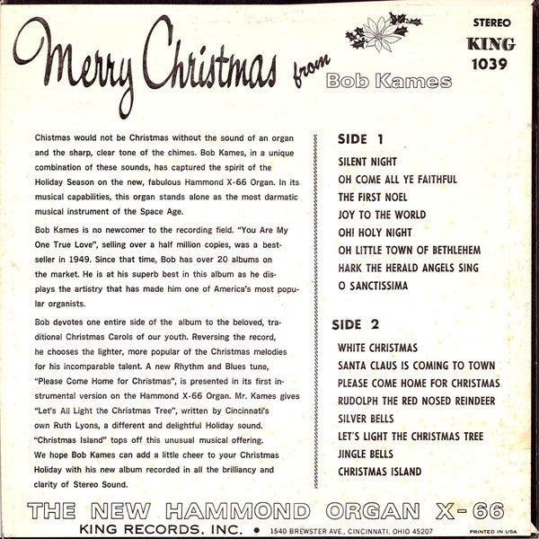 Bob Kames : Merry Christmas From Bob Kames And The New Hammond Organ X-66 (LP, Album)