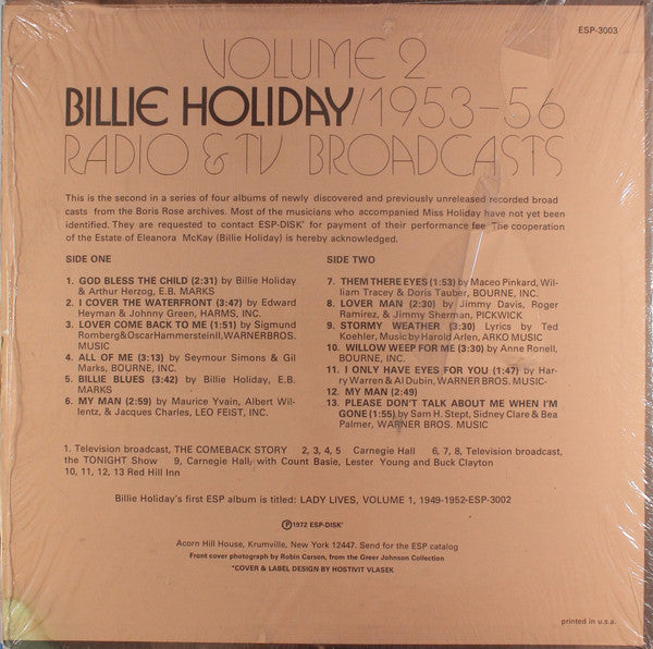 Billie Holiday : 1953-56 Radio & TV Broadcasts Volume 2 (LP, Album, RE)