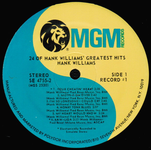 Hank Williams : 24 Of Hank Williams' Greatest Hits (2xLP, Comp, RE, PRC)