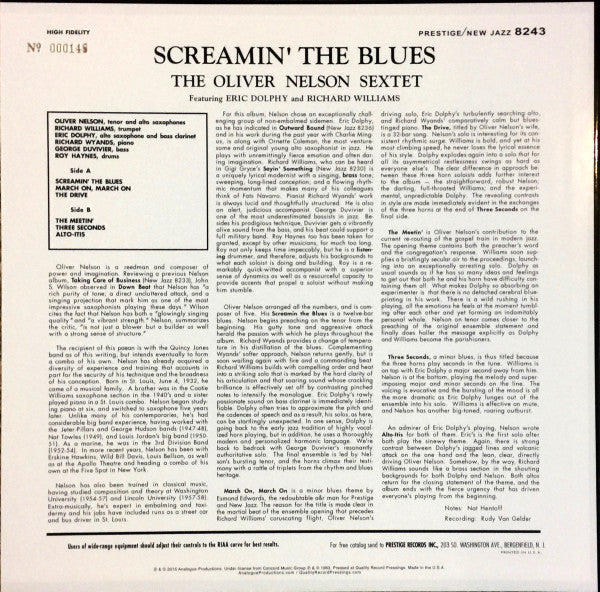 The Oliver Nelson Sextet Featuring: Eric Dolphy / Richard Williams : Screamin' The Blues (LP, Album, Num, RE, RM, 200)