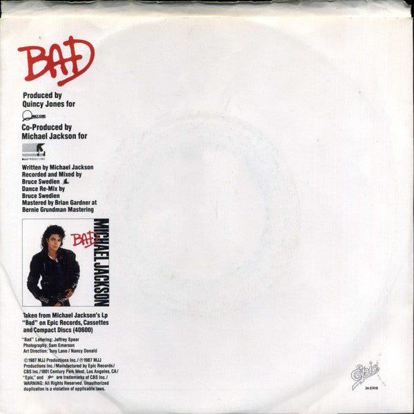 Michael Jackson : Bad (7", Single)