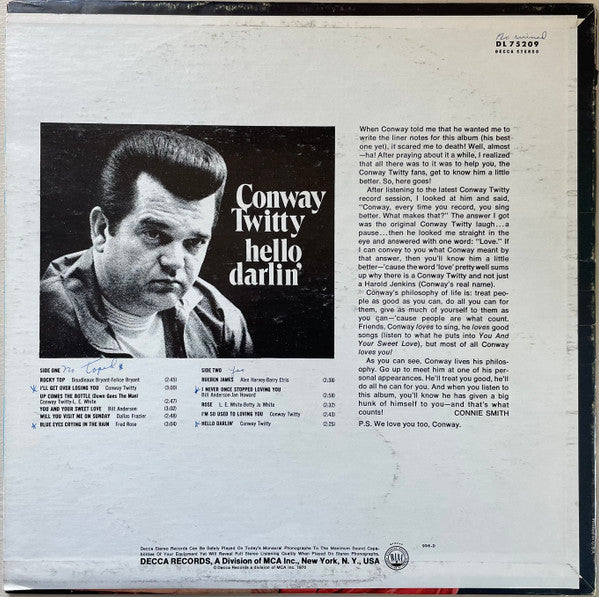 Conway Twitty : Hello Darlin' (LP, Album, Pin)