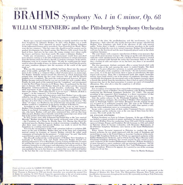 Brahms* - William Steinberg And The Pittsburgh Symphony Orchestra : Symphony No. 1 In C Minor (LP, Mono, Gat)