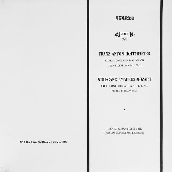 Franz Anton Hoffmeister / Wolfgang Amadeus Mozart, Jean-Pierre Rampal, Pierre Pierlot, Vienna Baroque Ensemble*, Theodor Guschlbauer : Flute Concerto In G Major / Oboe Concerto In C Major, K. 314 (LP, RE)