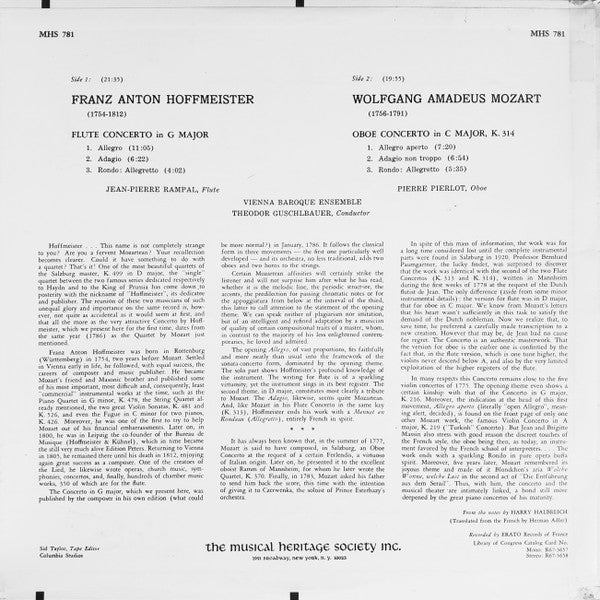 Franz Anton Hoffmeister / Wolfgang Amadeus Mozart, Jean-Pierre Rampal, Pierre Pierlot, Vienna Baroque Ensemble*, Theodor Guschlbauer : Flute Concerto In G Major / Oboe Concerto In C Major, K. 314 (LP, RE)