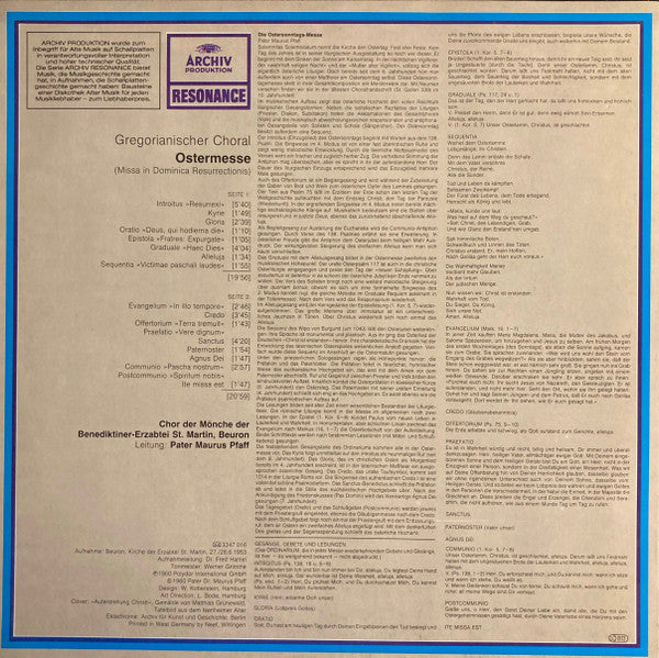 Chor Der Mönche Der Benediktiner-Erzabtei, Beuron* - Pater Maurus Pfaff : Gregorianischer Choral: Ostermesse (Missa In Dominica Resurrectionis) (LP, RE)