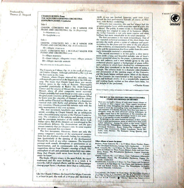 Chopin* / Liszt*, Charles Rosen, John Pritchard Conducting The New Philharmonia Orchestra* : Piano Concerto No.2 In F Minor / Piano Concerto No.1 In E-flat Major (LP)